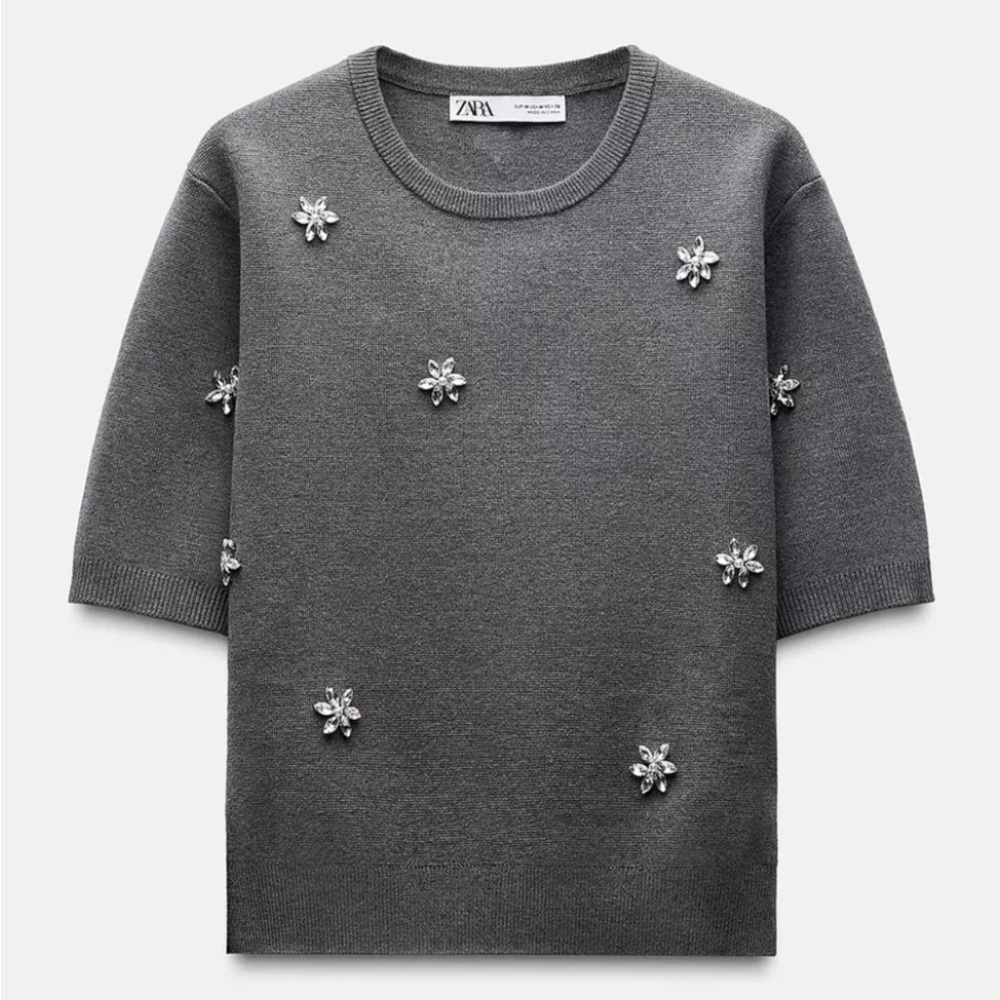 NWT Zara Women’s Dark Gray Jewel Knit Top Size: XL